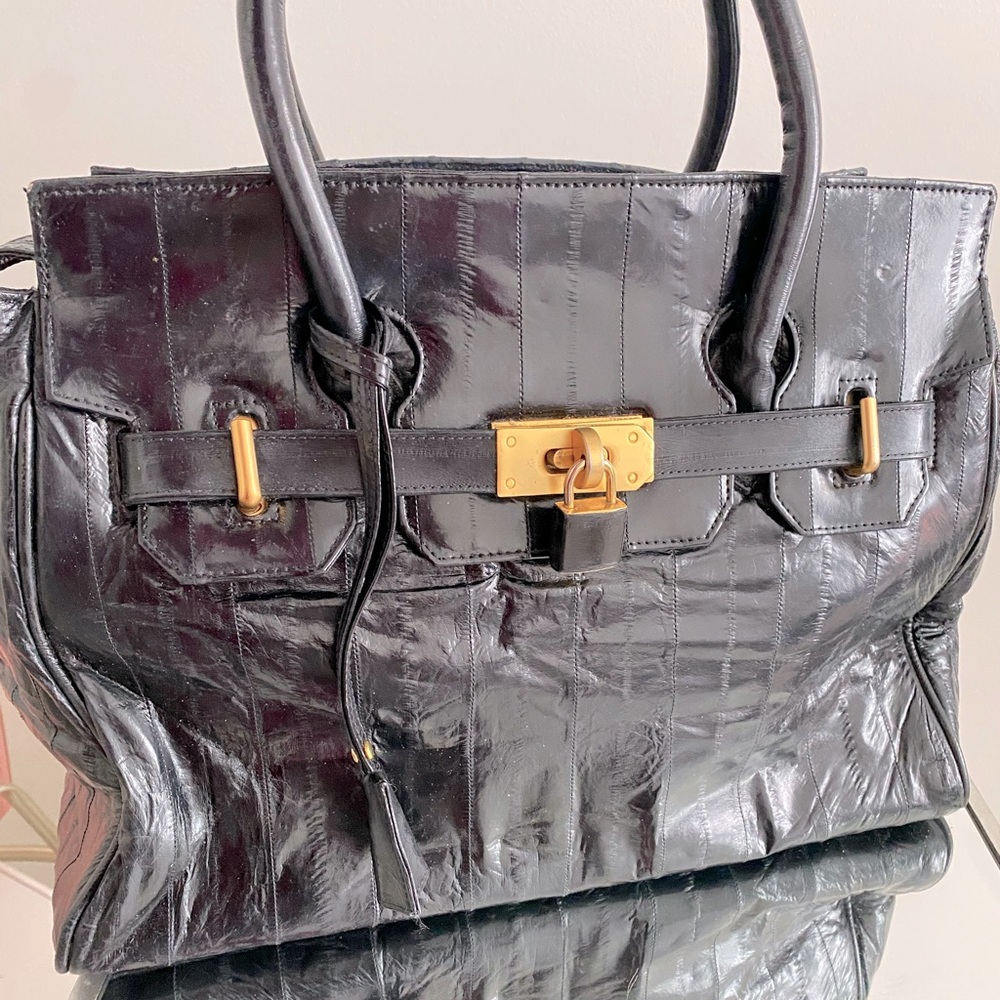 Vintage Black Satchel South Korean Birkin Style Bag Eel skin Black Handbag